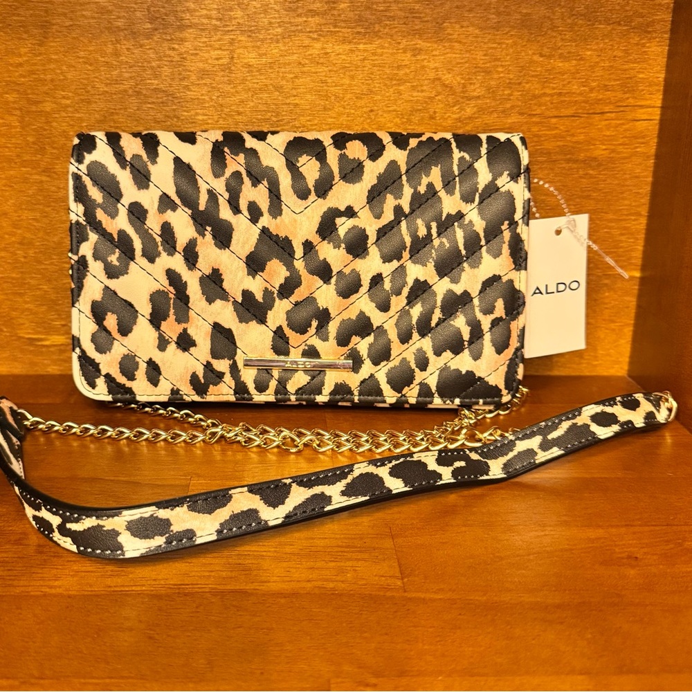 Aldo Black & Tan Leopard Animal Print Crossbody Bag Purse BNWT